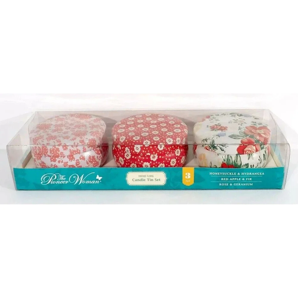 Pioneer Woman Vintage Floral Candle Tin Set 3-pc Rose Apple Honeysuckle Gift NEW